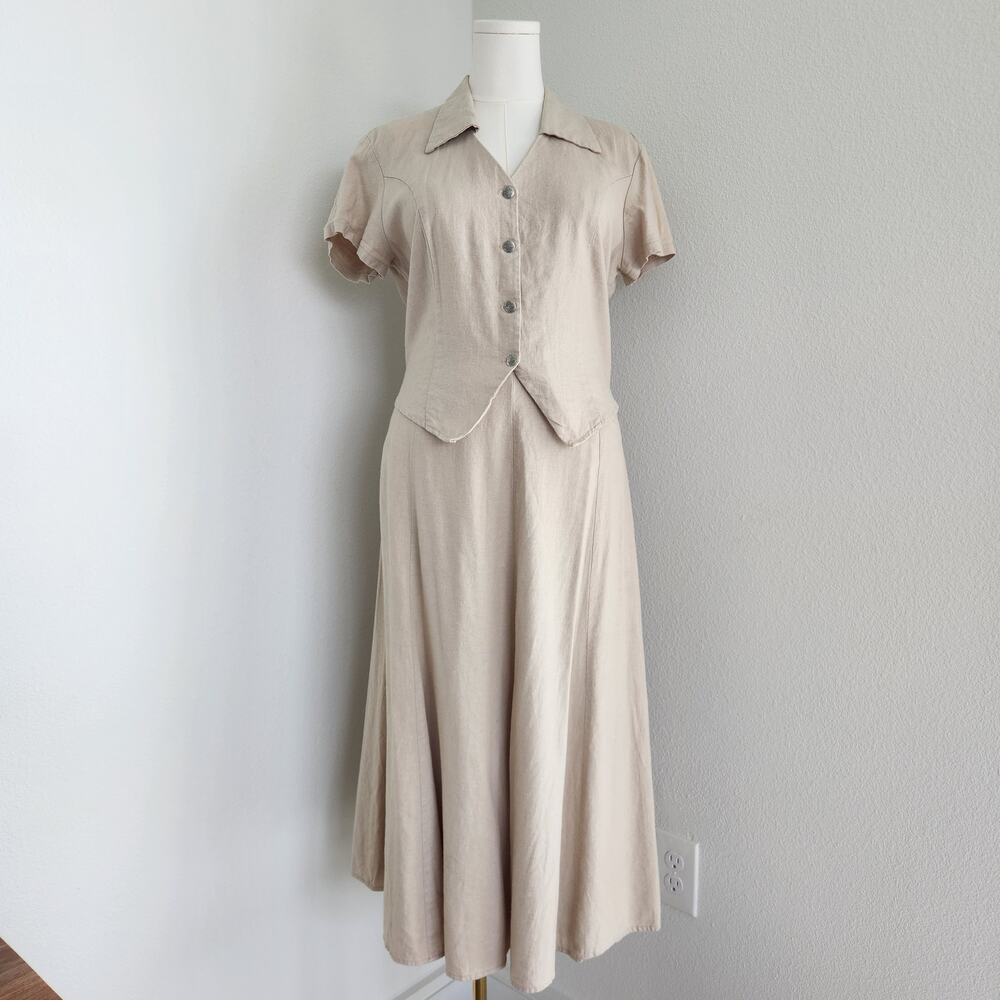 Vintage 90s Linen Blend Two Piece Skirt Set Collared Button Down Top Prairie L - Picture 14 of 14